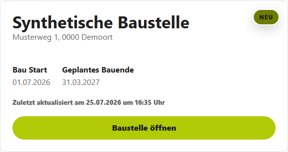 Baustellenkarte mit dem Hinweis NEU und der Schaltfläche Baustelle öffnen.